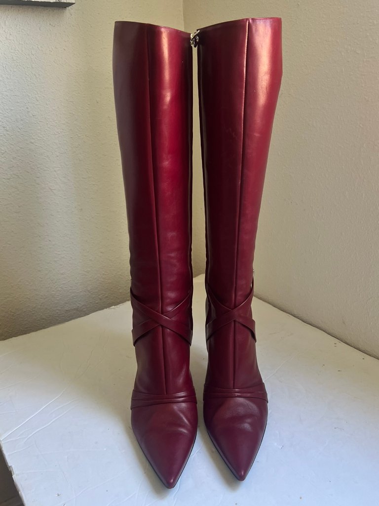 $995 Sergio Rossi Tall Leather Strap Detail Red Riding Boots Size 38.5 / 8.5 Us